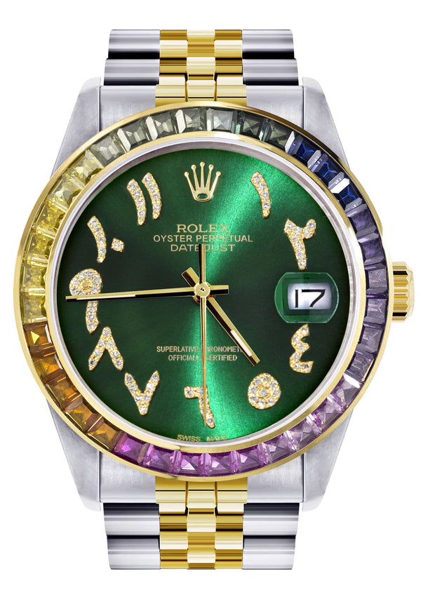 Diamond Gold Rolex Watch For Men 16233 | 36Mm | Rainbow Sapphire Bezel | Diamond Green Arabic Numeral Dial | Jubilee Band