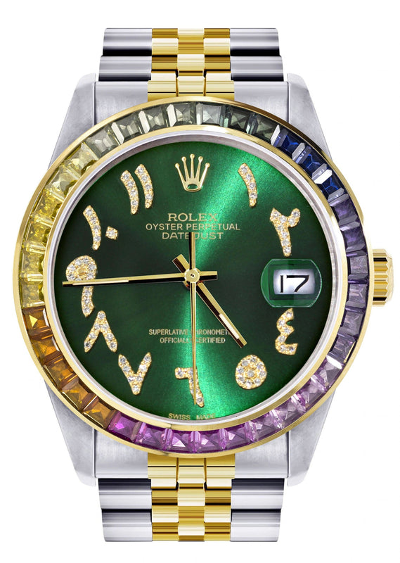 Diamond Gold Rolex Watch For Men 16233 | 36Mm | Rainbow Sapphire Bezel | Diamond Green Arabic Numeral Dial | Jubilee Band
