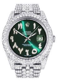 Womens Diamond Iced Out Rolex Datejust 41 | 25 Carats Of Diamonds | Custom Green Arabic Numeral Diamond Dial | Two Row | Jubilee Band