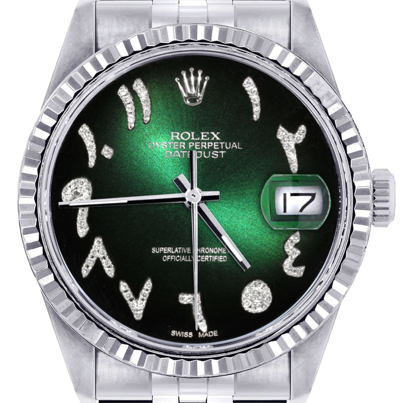 Mens Rolex Datejust Watch 16200 | Fluted Bezel | 36Mm | Green Black Arabic Dial | Jubilee Band