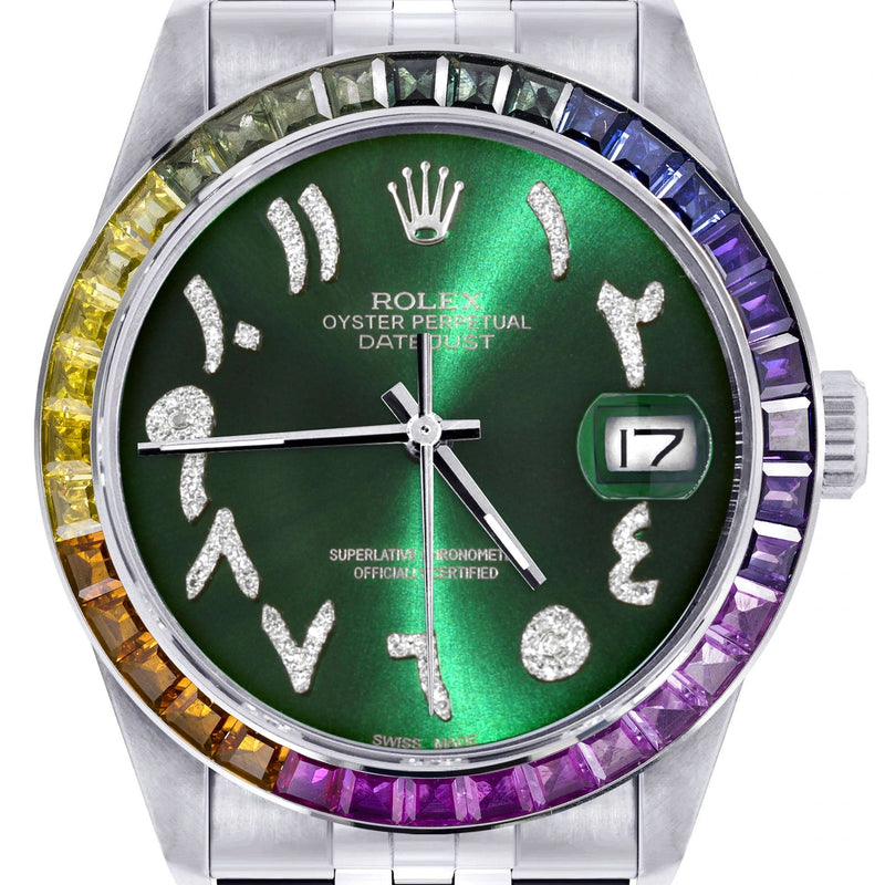 Diamond Gold Rolex Watch For Men 16200 | 36Mm | Rainbow Sapphire Bezel | Green Arabic Numeral Dial | Jubilee Band