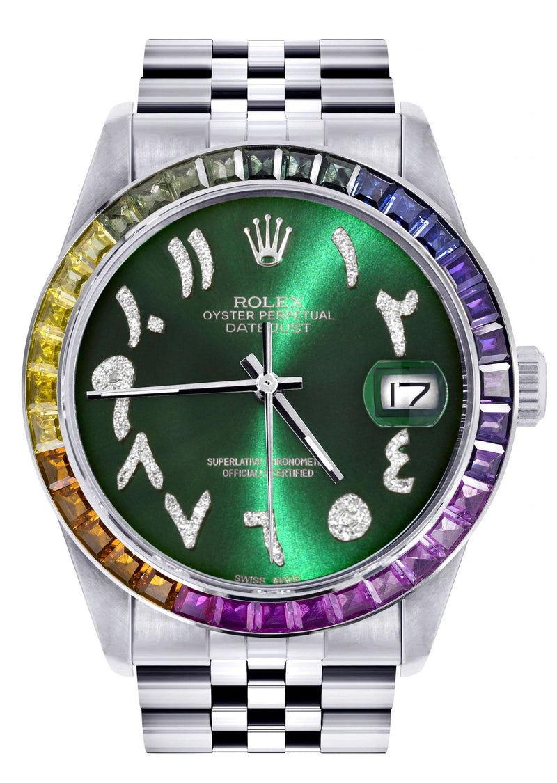 Diamond Gold Rolex Watch For Men 16200 | 36Mm | Rainbow Sapphire Bezel | Green Arabic Numeral Dial | Jubilee Band