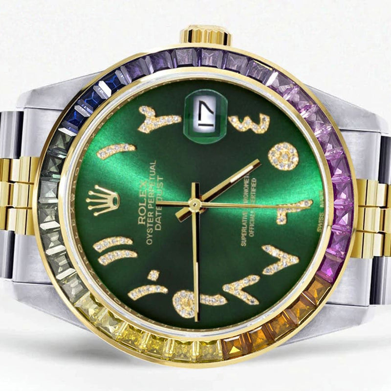 Diamond Gold Rolex Watch For Men 16233 | 36Mm | Rainbow Sapphire Bezel | Diamond Green Arabic Numeral Dial | Jubilee Band