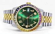 Diamond Gold Rolex Watch For Men 16233 | 36Mm | Rainbow Sapphire Bezel | Diamond Green Arabic Numeral Dial | Jubilee Band