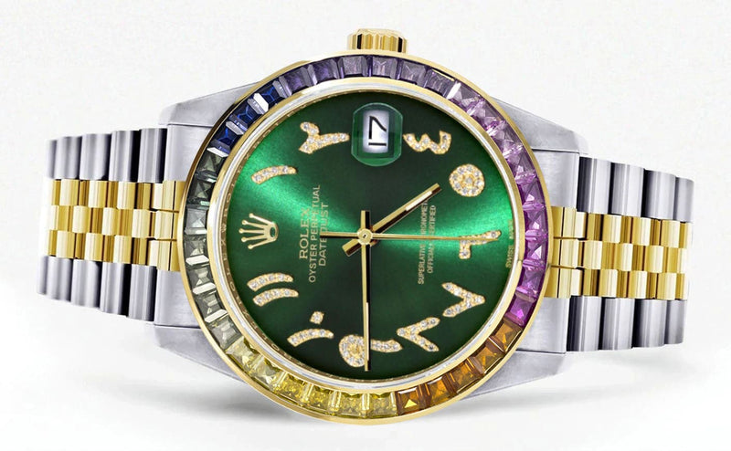 Diamond Gold Rolex Watch For Men 16233 | 36Mm | Rainbow Sapphire Bezel | Diamond Green Arabic Numeral Dial | Jubilee Band