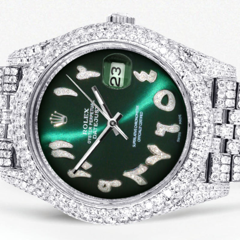 Womens Diamond Iced Out Rolex Datejust 41 | 25 Carats Of Diamonds | Custom Green Arabic Numeral Diamond Dial | Two Row | Jubilee Band