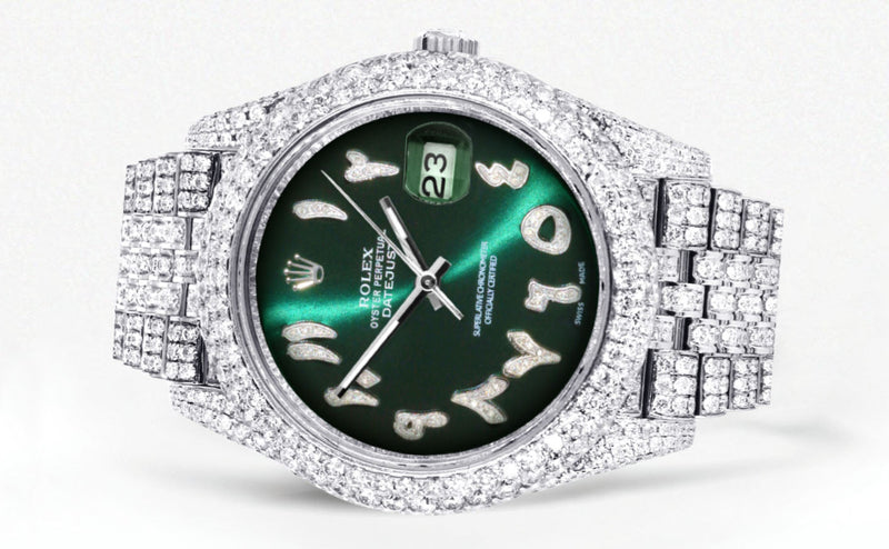 Womens Diamond Iced Out Rolex Datejust 41 | 25 Carats Of Diamonds | Custom Green Arabic Numeral Diamond Dial | Two Row | Jubilee Band