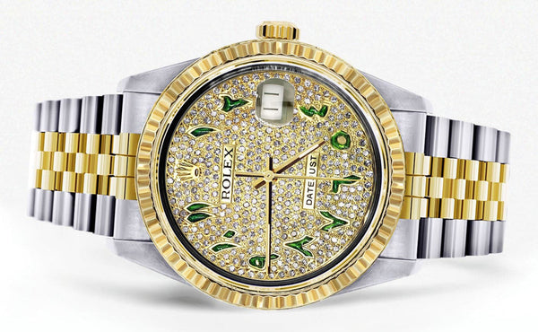 Mens Rolex Datejust Watch 16233 Two Tone | Fluted Bezel | 36Mm | Diamond Green Arabic Numeral | Jubilee Band