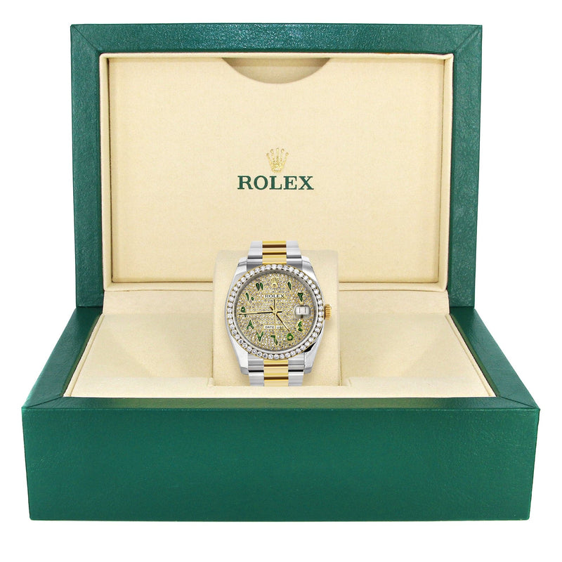 116233 | Diamond Gold Rolex Watch For Men | 36MM | Green Arabic Diamond Dial | Oyster Band