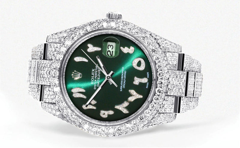 Diamond Iced Out Rolex Datejust 41 | 25 Carats Of Diamonds | Custom Green Arabic Numeral Diamond Dial | Two Row | Oyster Band