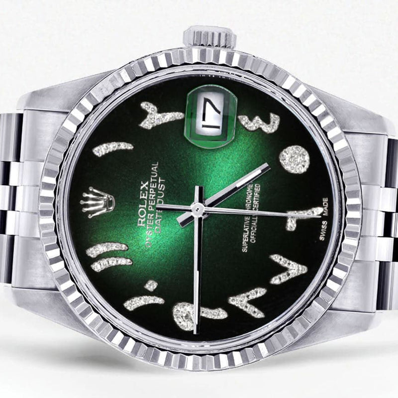 Mens Rolex Datejust Watch 16200 | Fluted Bezel | 36Mm | Green Black Arabic Dial | Jubilee Band