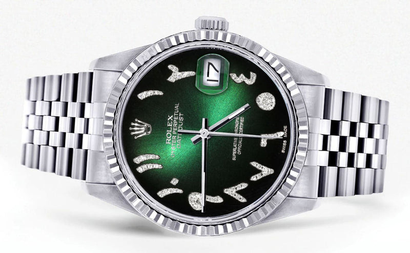 Mens Rolex Datejust Watch 16200 | Fluted Bezel | 36Mm | Green Black Arabic Dial | Jubilee Band