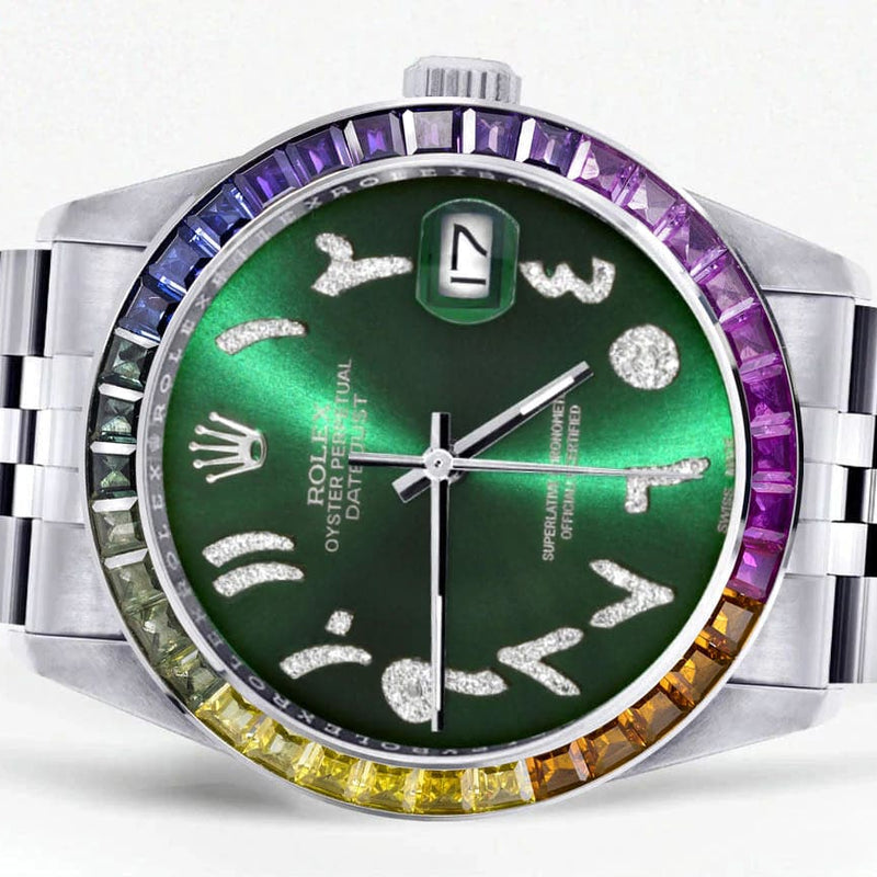 Diamond Gold Rolex Watch For Men 16200 | 36Mm | Rainbow Sapphire Bezel | Green Arabic Numeral Dial | Jubilee Band