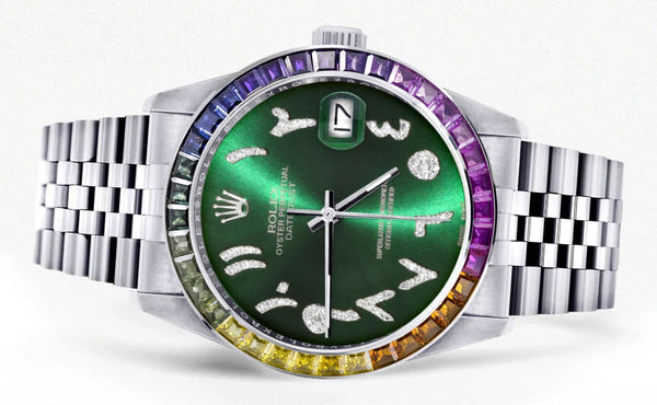 Diamond Gold Rolex Watch For Men 16200 | 36Mm | Rainbow Sapphire Bezel | Green Arabic Numeral Dial | Jubilee Band