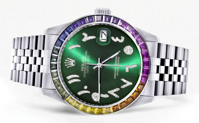 Diamond Gold Rolex Watch For Men 16200 | 36Mm | Rainbow Sapphire Bezel | Green Arabic Numeral Dial | Jubilee Band