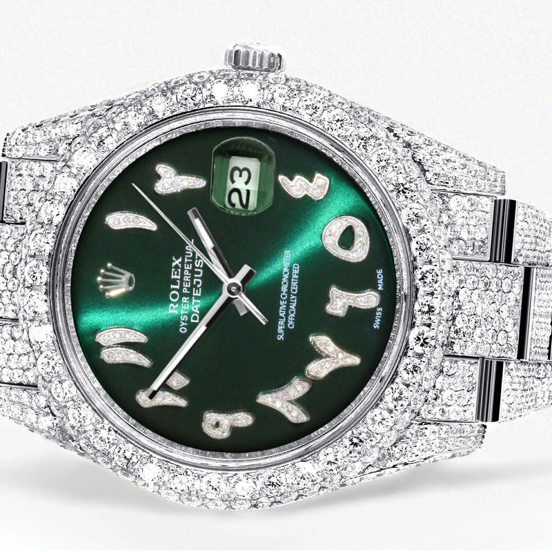 Womens Diamond Iced Out Rolex Datejust 41 | 25 Carats Of Diamonds | Custom Green Arabic Numeral Diamond Dial | Two Row | Oyster Band