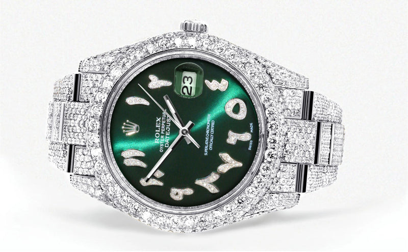 Womens Diamond Iced Out Rolex Datejust 41 | 25 Carats Of Diamonds | Custom Green Arabic Numeral Diamond Dial | Two Row | Oyster Band