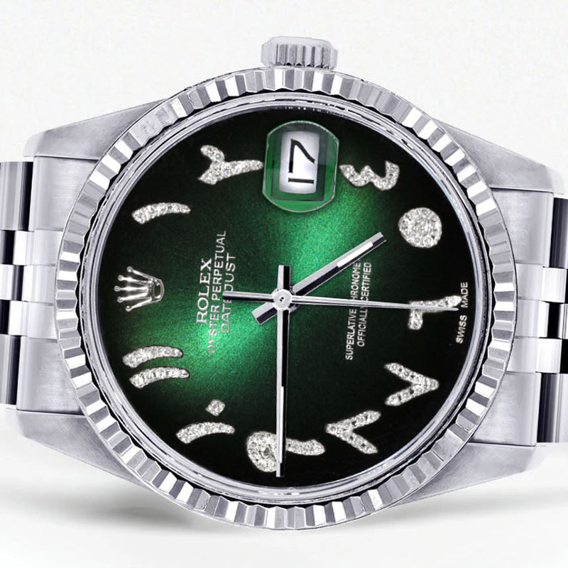 Womens Rolex Datejust Watch 16200 | Fluted Bezel | 36Mm | Green Black Arabic Dial | Fluted Bezel | Jubilee Band