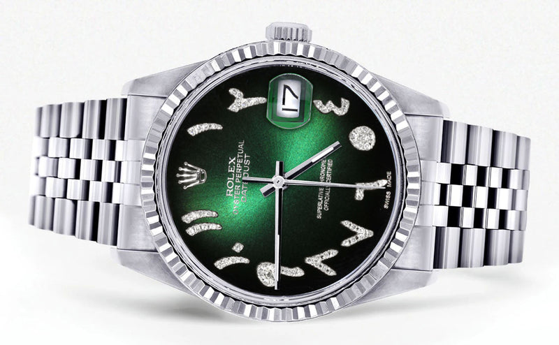Womens Rolex Datejust Watch 16200 | Fluted Bezel | 36Mm | Green Black Arabic Dial | Fluted Bezel | Jubilee Band