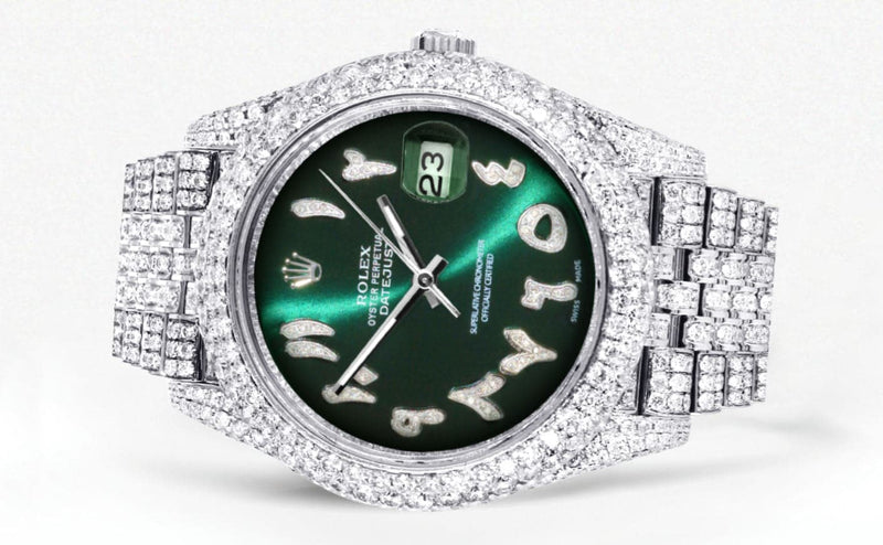 Diamond Iced Out Rolex Datejust 41 | 25 Carats Of Diamonds | Custom Green Arabic Numeral Diamond Dial | Two Row | Jubilee Band