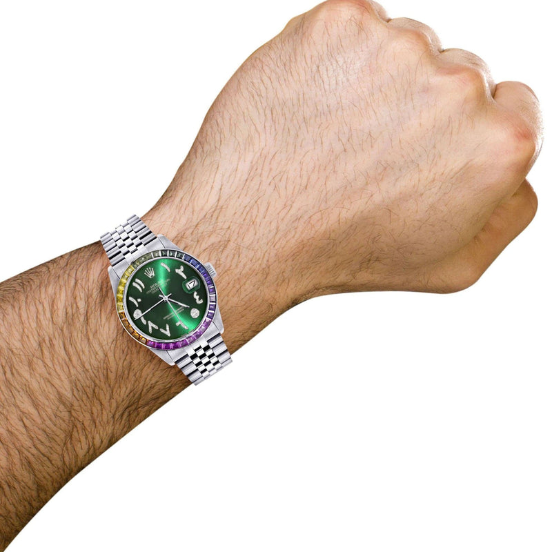 Diamond Gold Rolex Watch For Men 16200 | 36Mm | Rainbow Sapphire Bezel | Green Arabic Numeral Dial | Jubilee Band