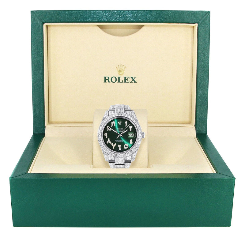 Diamond Iced Out Rolex Datejust 41 | 25 Carats Of Diamonds | Custom Green Arabic Numeral Diamond Dial | Two Row | Oyster Band