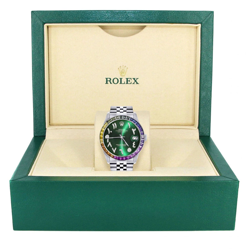 Diamond Gold Rolex Watch For Men 16200 | 36Mm | Rainbow Sapphire Bezel | Green Arabic Numeral Dial | Jubilee Band