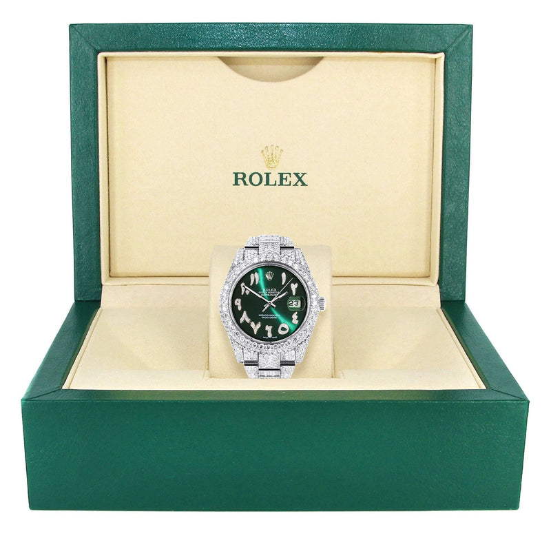 Womens Diamond Iced Out Rolex Datejust 41 | 25 Carats Of Diamonds | Custom Green Arabic Numeral Diamond Dial | Two Row | Oyster Band
