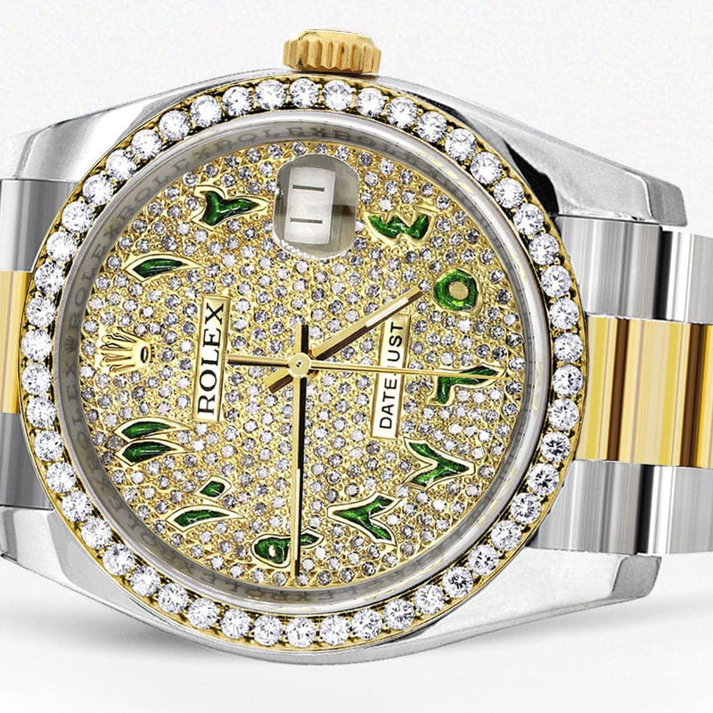 116233 | Diamond Gold Rolex Watch For Men | 36MM | Green Arabic Diamond Dial | Oyster Band