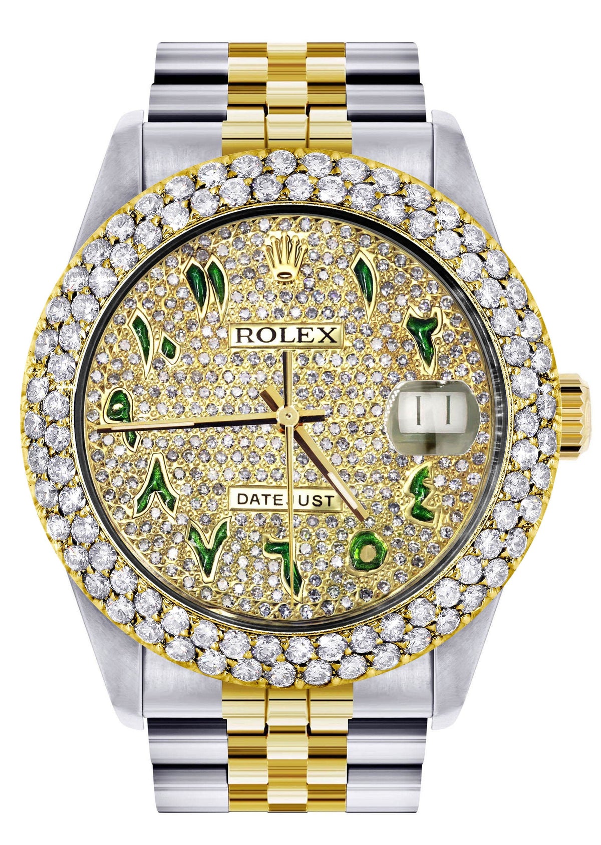 Diamond Gold Rolex Watch For Men 16233 | 36Mm | Diamond Green Arabic Dial | Two Row 4.25 Carat Bezel | Jubilee Band