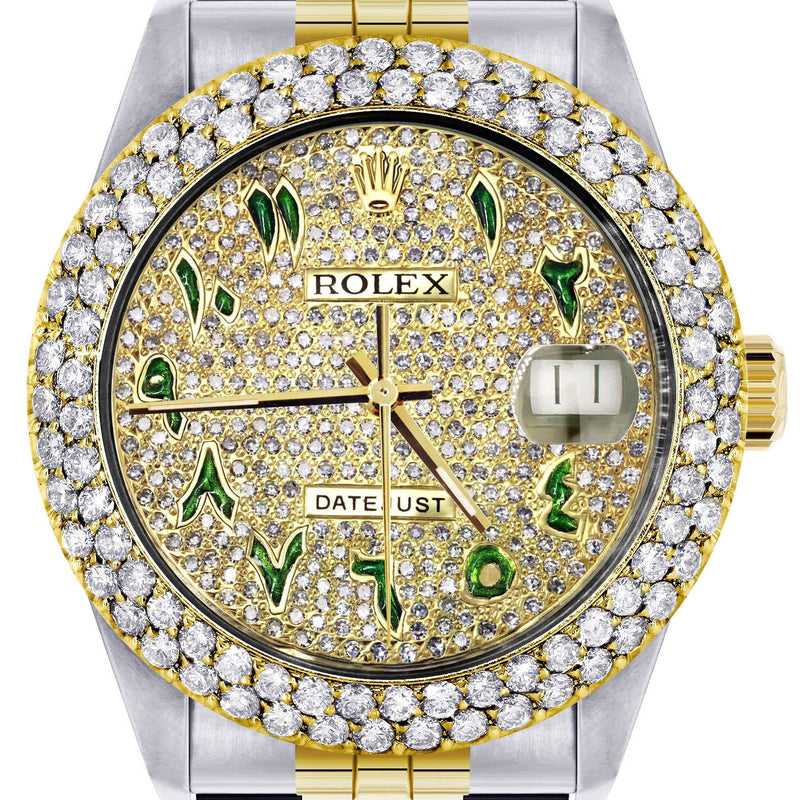 Diamond Gold Rolex Watch For Women 16233 | 36Mm | Diamond Green Arabic Dial | Two Row 4.25 Carat Bezel | Jubilee Band