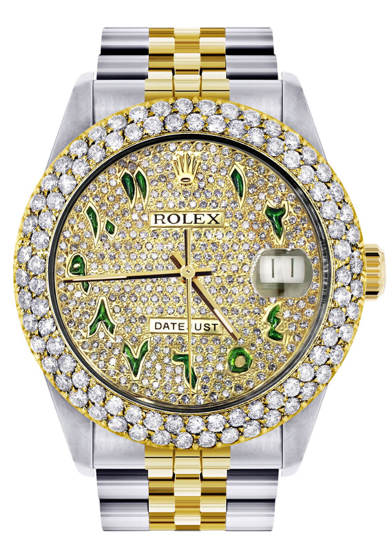 Diamond Gold Rolex Watch For Men 16233 | 36Mm | Diamond Green Arabic Dial | Two Row 4.25 Carat Bezel | Jubilee Band