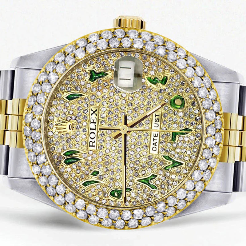 Diamond Gold Rolex Watch For Men 16233 | 36Mm | Diamond Green Arabic Dial | Two Row 4.25 Carat Bezel | Jubilee Band