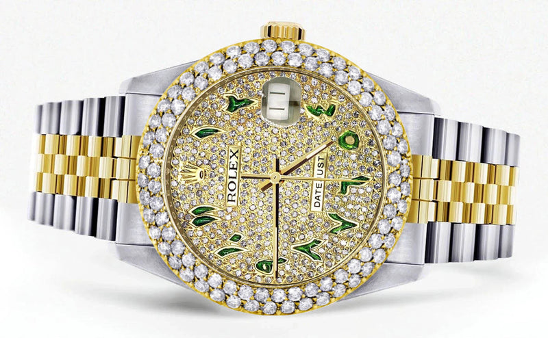 Diamond Gold Rolex Watch For Women 16233 | 36Mm | Diamond Green Arabic Dial | Two Row 4.25 Carat Bezel | Jubilee Band
