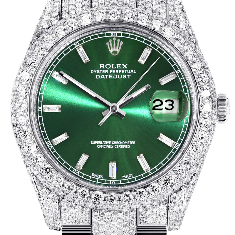 Womens Diamond Iced Out Rolex Datejust 41 | 25 Carats Of Diamonds | Green Diamond Dial | Two Row | Oyster Band