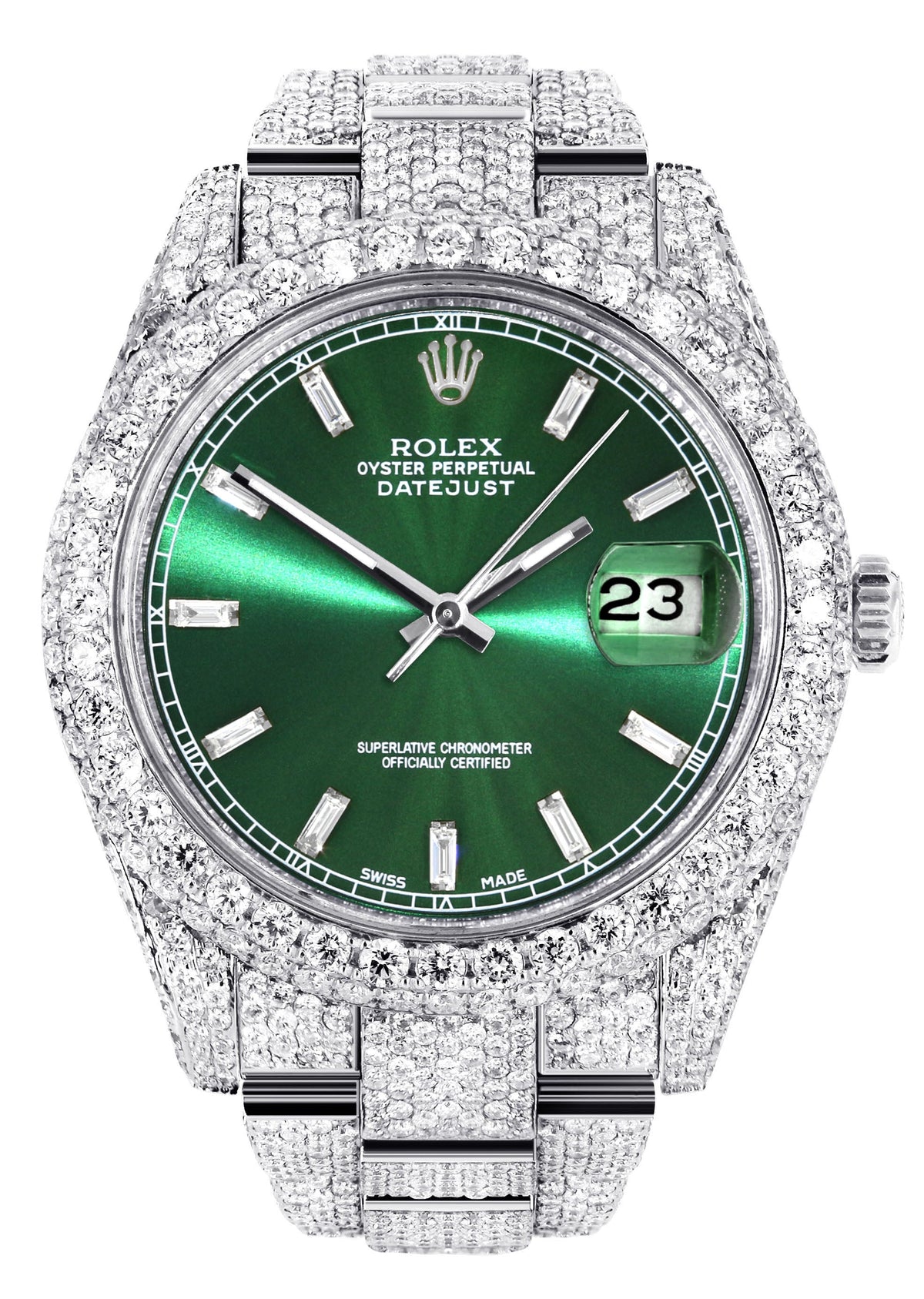 Womens Diamond Iced Out Rolex Datejust 41 | 25 Carats Of Diamonds | Green Diamond Dial | Two Row | Oyster Band