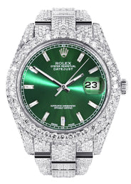 Womens Diamond Iced Out Rolex Datejust 41 | 25 Carats Of Diamonds | Green Diamond Dial | Two Row | Oyster Band