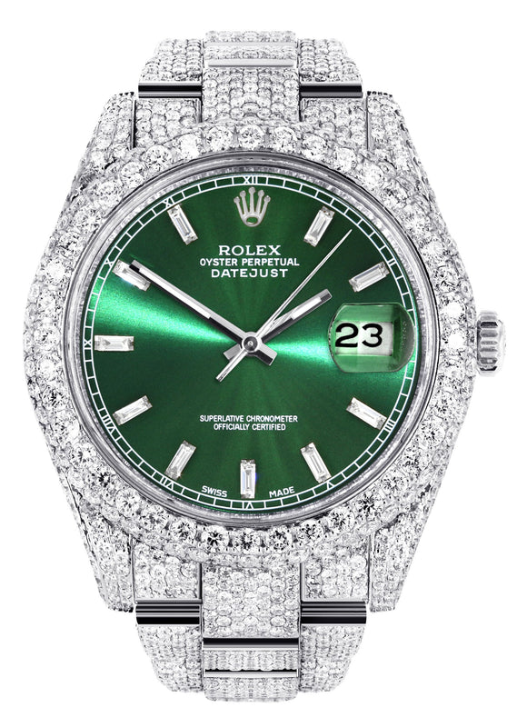 Womens Diamond Iced Out Rolex Datejust 41 | 25 Carats Of Diamonds | Green Diamond Dial | Two Row | Oyster Band