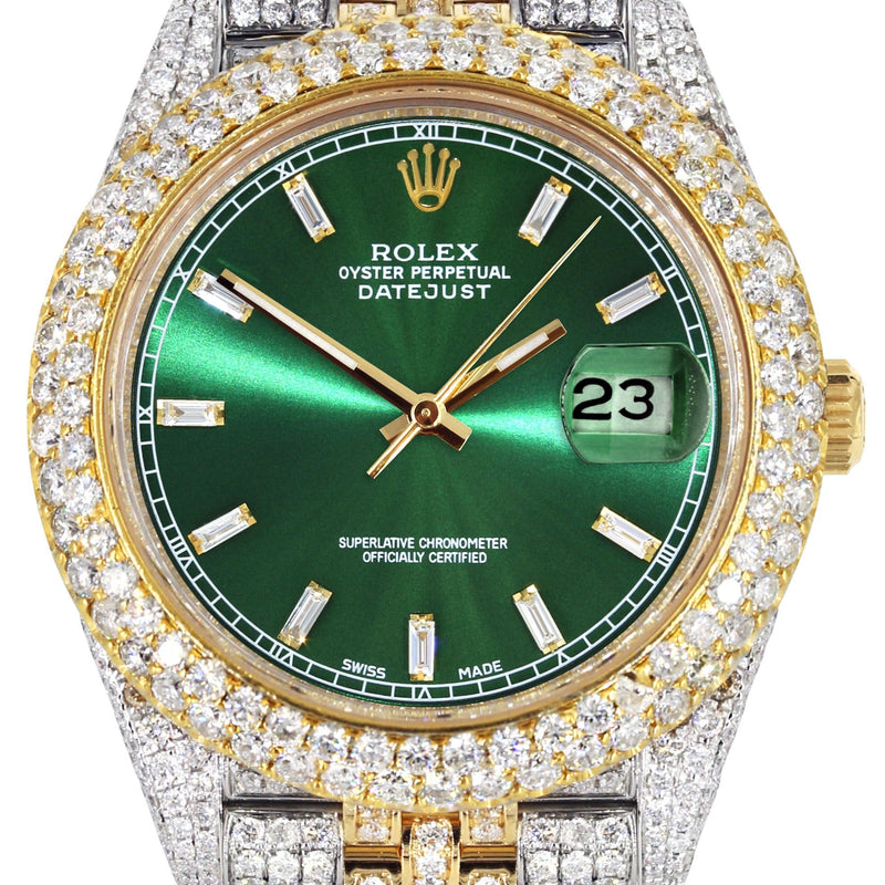 Diamond Iced Out Rolex Datejust 41 | 25 Carats Of Diamonds | Custom Green Diamond Dial | Two Tone | Two Row | Jubilee Band