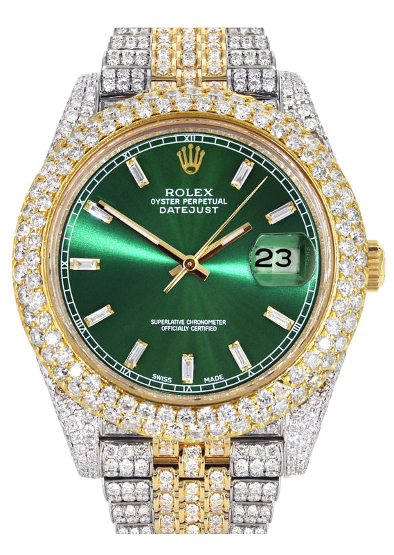 Womens Diamond Iced Out Rolex Datejust 41 | 25 Carats Of Diamonds | Custom Green Diamond Dial | Two Tone | Two Row | Jubilee Band