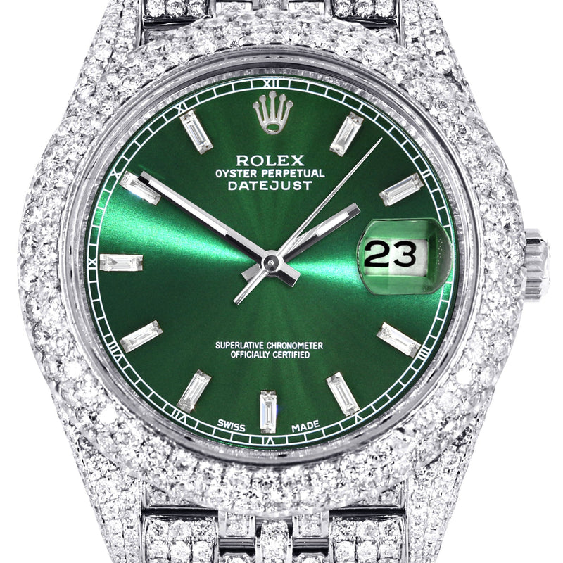 Womens Diamond Iced Out Rolex Datejust 41 | 25 Carats Of Diamonds | Custom Green Diamond Dial | Two Row | Jubilee Band