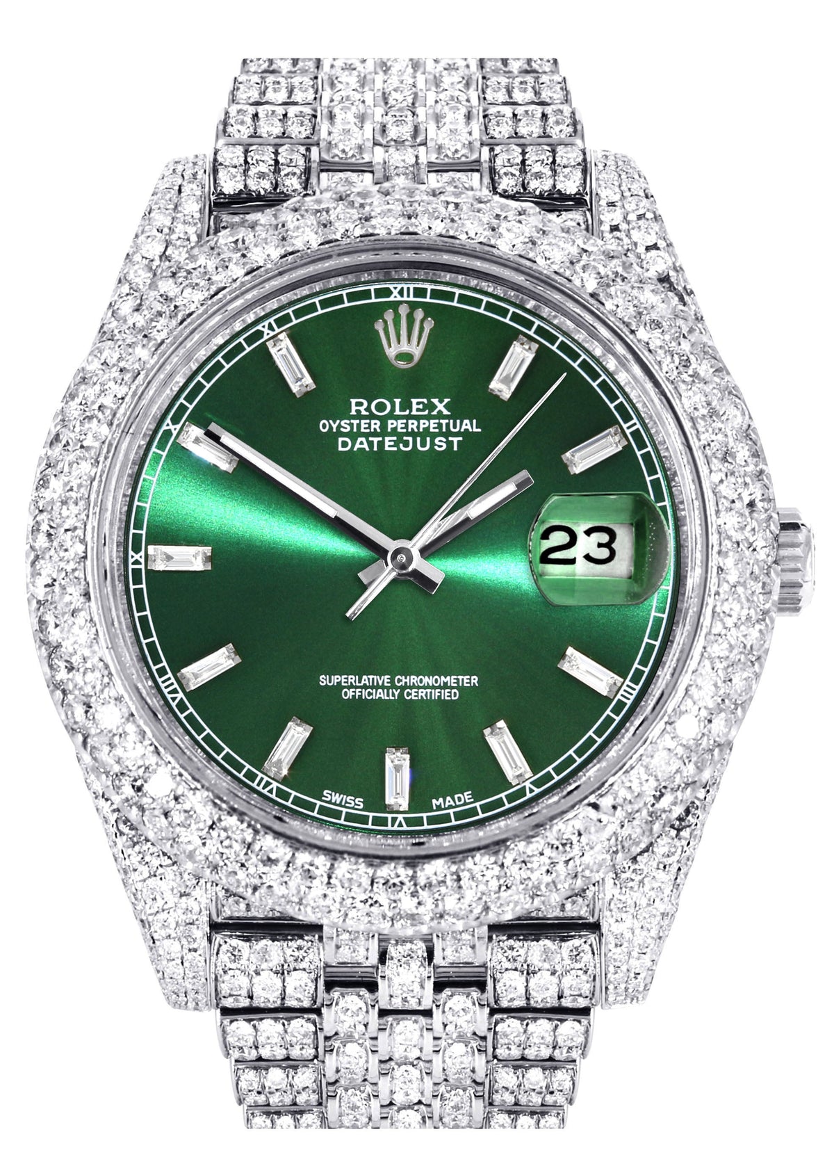 Womens Diamond Iced Out Rolex Datejust 41 | 25 Carats Of Diamonds | Custom Green Diamond Dial | Two Row | Jubilee Band