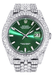 Womens Diamond Iced Out Rolex Datejust 41 | 25 Carats Of Diamonds | Custom Green Diamond Dial | Two Row | Jubilee Band