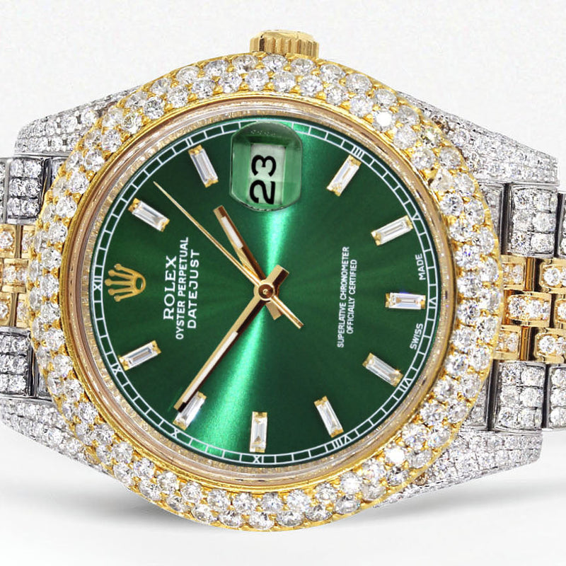 Womens Diamond Iced Out Rolex Datejust 41 | 25 Carats Of Diamonds | Custom Green Diamond Dial | Two Tone | Two Row | Jubilee Band