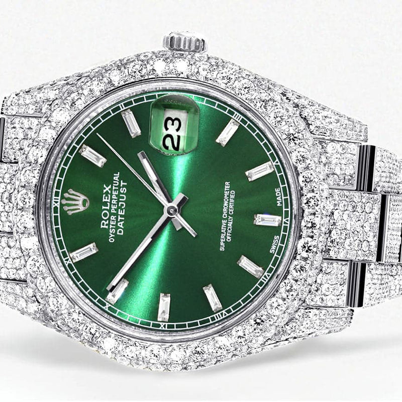 Diamond Iced Out Rolex Datejust 41 | 25 Carats Of Diamonds | Green Diamond Dial | Two Row | Oyster Band