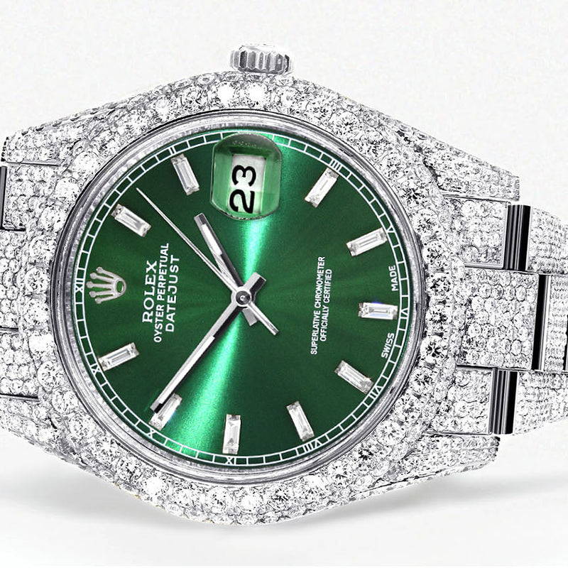 Womens Diamond Iced Out Rolex Datejust 41 | 25 Carats Of Diamonds | Green Diamond Dial | Two Row | Oyster Band