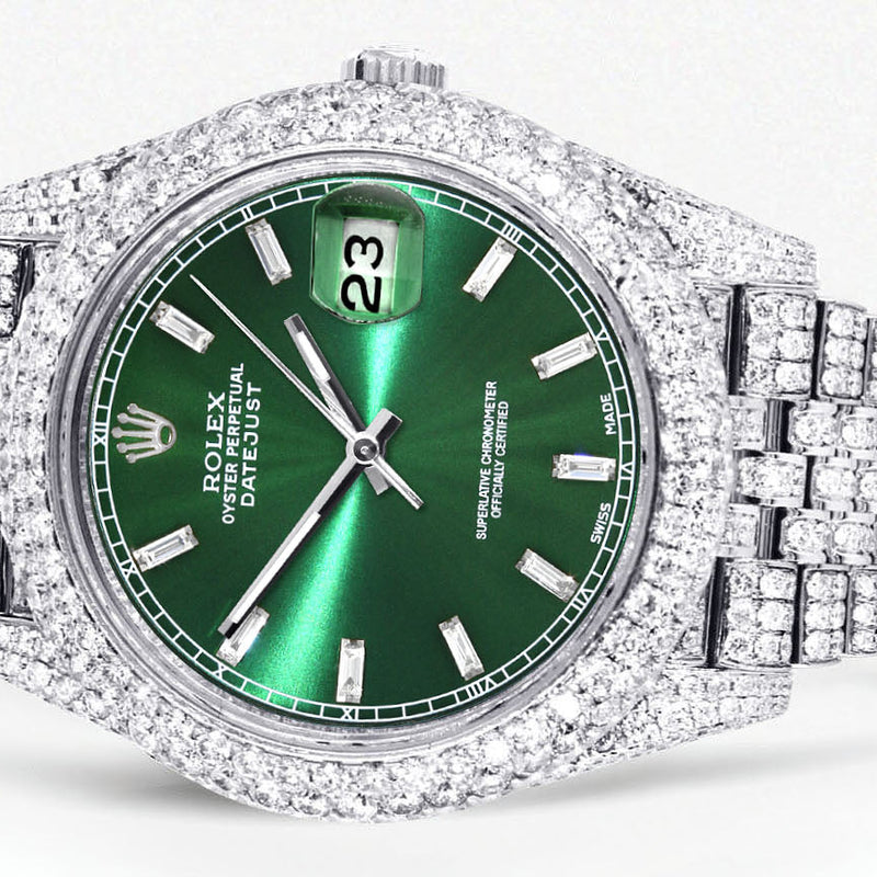 Womens Diamond Iced Out Rolex Datejust 41 | 25 Carats Of Diamonds | Custom Green Diamond Dial | Two Row | Jubilee Band