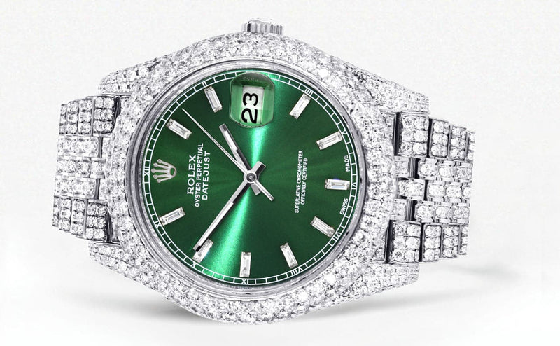 Diamond Iced Out Rolex Datejust 41 | 25 Carats Of Diamonds | Custom Green Diamond Dial | Two Row | Jubilee Band