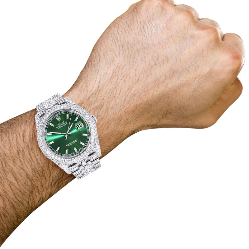 Diamond Iced Out Rolex Datejust 41 | 25 Carats Of Diamonds | Custom Green Diamond Dial | Two Row | Jubilee Band