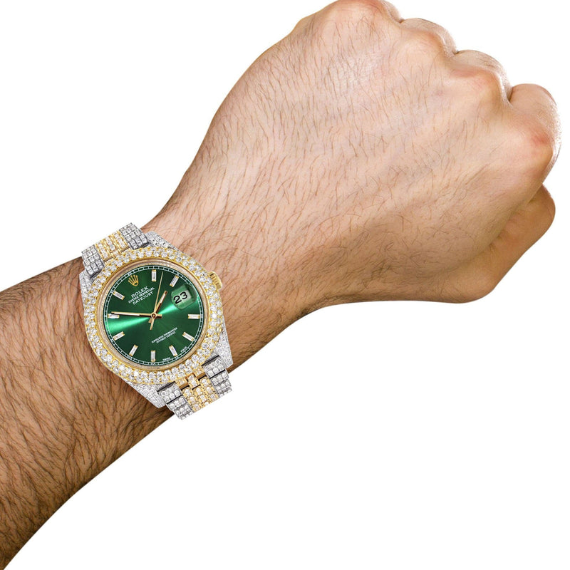 Diamond Iced Out Rolex Datejust 41 | 25 Carats Of Diamonds | Custom Green Diamond Dial | Two Tone | Two Row | Jubilee Band